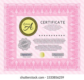 Pink Certificate diploma or award template. Detailed. With complex background. Nice design. 