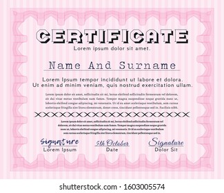 Pink Certificate diploma or award template. Vector illustration. Printer friendly. Money Pattern. 
