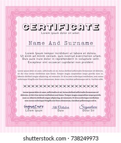 Pink Certificate diploma or award template. With guilloche pattern. Detailed. Elegant design. 