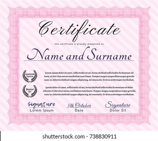 Pink Certificate diploma or award template. Vector illustration. Printer friendly. Cordial design. 