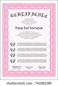 Pink Certificate diploma or award template. Printer friendly. Money Pattern. Vector illustration. 