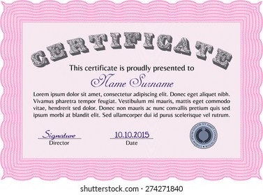 Pink Certificate, Diploma of completion with guilloche pattern and background, border, frame. Certificate of Achievement, Certificate of education, awards, winner.