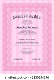 Pink Certificate or diploma template. Artistry design. Complex background. Vector illustration. 