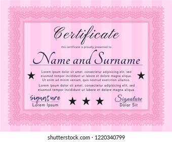 Pink Certificate or diploma template. Artistry design. Customizable, Easy to edit and change colors. With great quality guilloche pattern. 