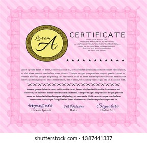 Pink Certificate or diploma template. With background. Elegant design. Detailed. 
