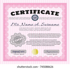 Pink Certificate or diploma template. With background. Money Pattern design. Vector illustration. 
