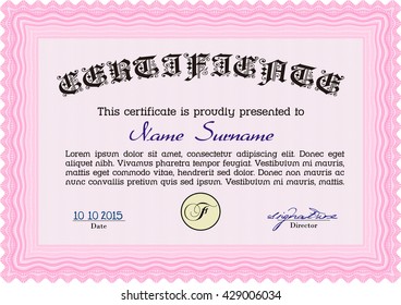 Plantilla de diploma o certificado rosa. Borde, marco. Con fondo. Buen diseño. 