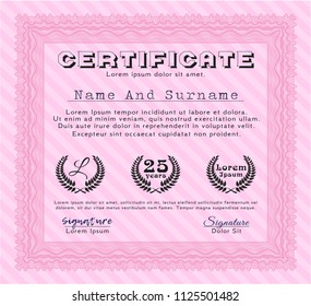 Pink Certificate or diploma template. Complex background. Vector illustration. Money design. 