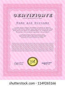Pink Certificate or diploma template. Complex background. Vector illustration. Artistry design. 
