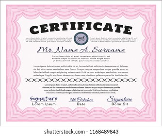 Pink Certificate or diploma template. Complex background. Money Pattern design. Detailed. 