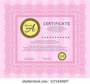 Pink Certificate or diploma template. With complex linear background. Lovely design. Vector illustration. 