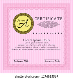 Pink Certificate or diploma template. With complex linear background. Vector illustration. Lovely design. 