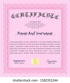 Pink Certificate or diploma template. With complex background. Detailed. Lovely design. 