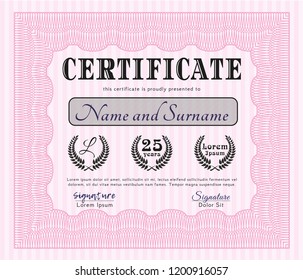 Pink Certificate or diploma template. Complex background. Nice design. Detailed. 
