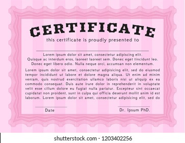 Pink Certificate or diploma template. With complex linear background. Detailed. Modern design. 
