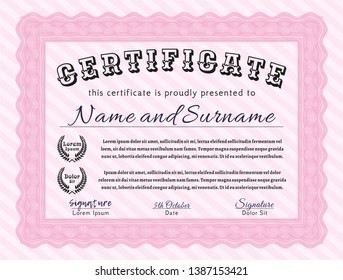 Pink Certificate or diploma template. With complex linear background. Detailed. Retro design. 