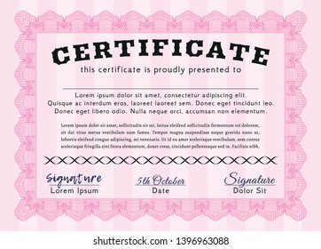 Pink Certificate or diploma template. Complex background. Detailed. Nice design. 
