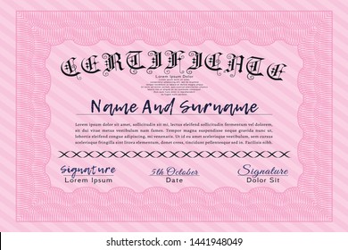 Pink Certificate or diploma template. With complex linear background. Money Pattern. Vector illustration. 