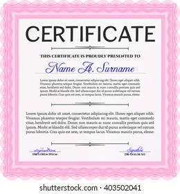 Pink Certificate or diploma template. Cordial design. Easy to print. Customizable, Easy to edit and change colors. 
