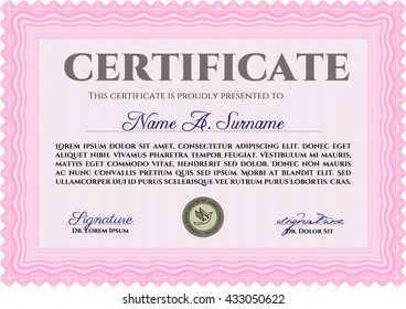 Pink Certificate or diploma template. Cordial design. Easy to print. Customizable, Easy to edit and change colors. 
