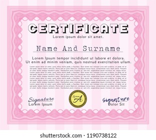 Pink Certificate or diploma template. Customizable, Easy to edit and change colors. With complex background. Money style design. 