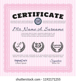 Pink Certificate or diploma template. Customizable, Easy to edit and change colors. With background. Money style design. 