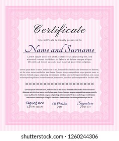 Pink Certificate or diploma template. Customizable, Easy to edit and change colors. Complex background. Money Pattern. 