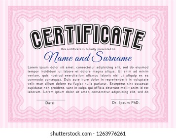 Pink Certificate or diploma template. Customizable, Easy to edit and change colors. Complex background. Good design. 