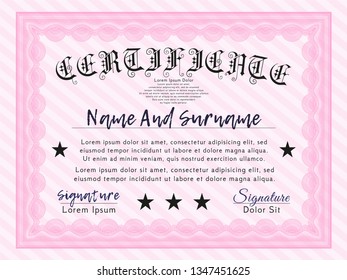 Pink Certificate or diploma template. Customizable, Easy to edit and change colors. With complex background. Nice design. 