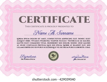 Pink Certificate or diploma template. Customizable, Easy to edit and change colors. Easy to print. Cordial design. 