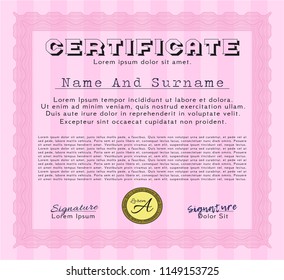 Pink Certificate or diploma template. Detailed. With guilloche pattern and background. Money style design. 