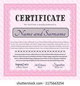 Pink Certificate or diploma template. Detailed. Easy to print. Money design. 