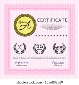 Pink Certificate or diploma template. Detailed. With guilloche pattern. Money design. 