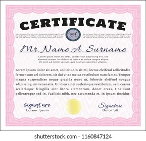 Pink Certificate or diploma template. Easy to print. Vector illustration. Money design. 