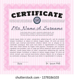 Pink Certificate or diploma template. Easy to print. Detailed. Money Pattern design. 