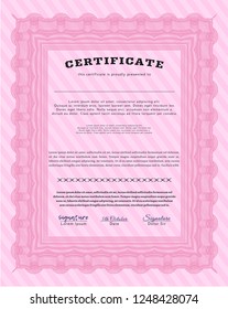 Pink Certificate or diploma template. Elegant design. Detailed. Complex background. 