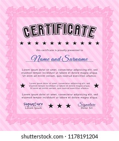 Pink Certificate or diploma template. With great quality guilloche pattern. Vector illustration. Nice design. 