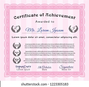 Pink Certificate or diploma template. With great quality guilloche pattern. Cordial design. Detailed. 