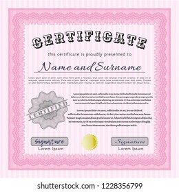 Pink Certificate or diploma template. With great quality guilloche pattern. Money design. Vector illustration. 
