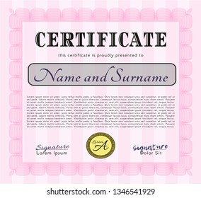 Pink Certificate or diploma template. With great quality guilloche pattern. Detailed. Money Pattern design. 