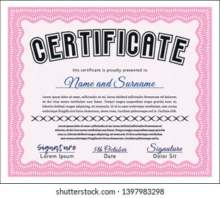 Pink Certificate or diploma template. With great quality guilloche pattern. Money Pattern. Detailed. 