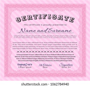 Pink Certificate or diploma template. With guilloche pattern and background. Money Pattern. Customizable, Easy to edit and change colors. 