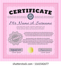 Pink Certificate or diploma template. With guilloche pattern and background. Detailed. Superior design. 