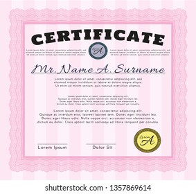 Pink Certificate or diploma template. With guilloche pattern. Detailed. Sophisticated design. 