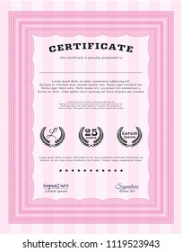 Pink Certificate or diploma template. With linear background. Vector illustration. Elegant design. 