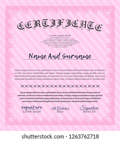 Pink Certificate or diploma template. With linear background. Detailed. Elegant design. 