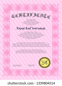 Pink Certificate or diploma template. With linear background. Money Pattern design. Detailed. 