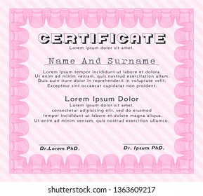 Pink Certificate or diploma template. With linear background. Detailed. Elegant design. 