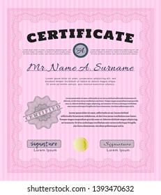 Pink Certificate or diploma template. With linear background. Money Pattern. Detailed. 