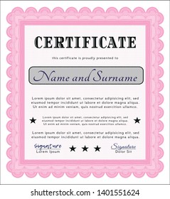 Pink Certificate or diploma template. With linear background. Perfect design. Vector illustration. 